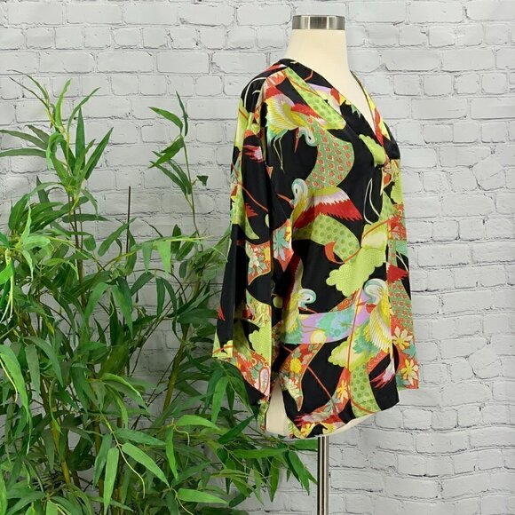 Natori Black Silk Blouse w/ Asian Crane Pattern - Picture 2 of 5